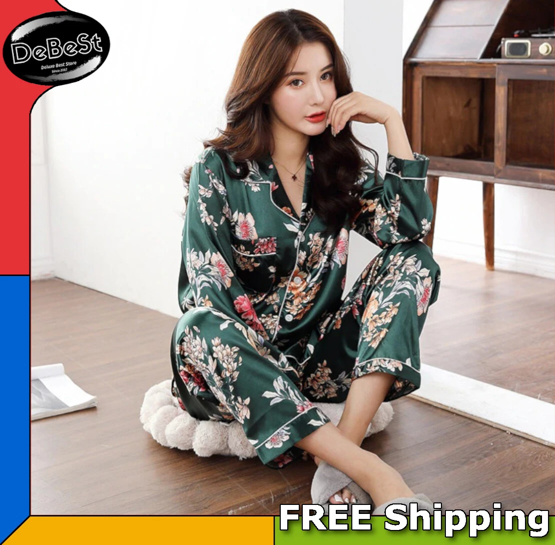 2 Pcs Pijamas Mujer Seda Women Pajama Sleepwear Female Sleep Silk Satin |