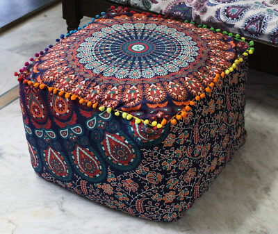 Navy Blue Mandala Meditation Floor Pillow Ottoman Pouf Square Seating Bohemian