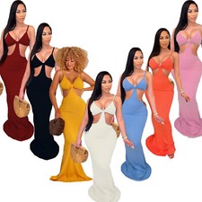 Sexy Women Spaghetti Strap Hollow Out Fish-tail Bodycon Club Party Long Dress