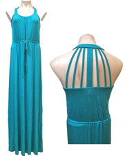 Envi Womens Turquoise Knit Sleeveless Strappy Halter Maxi Dress Size XS