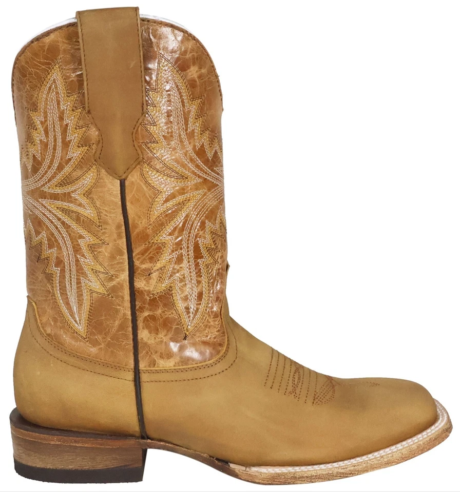 Hombres Cuero Genuino Austin Western Punta Cuadrada Ancha Miel Botas Artesanales Foto 2 de 4
