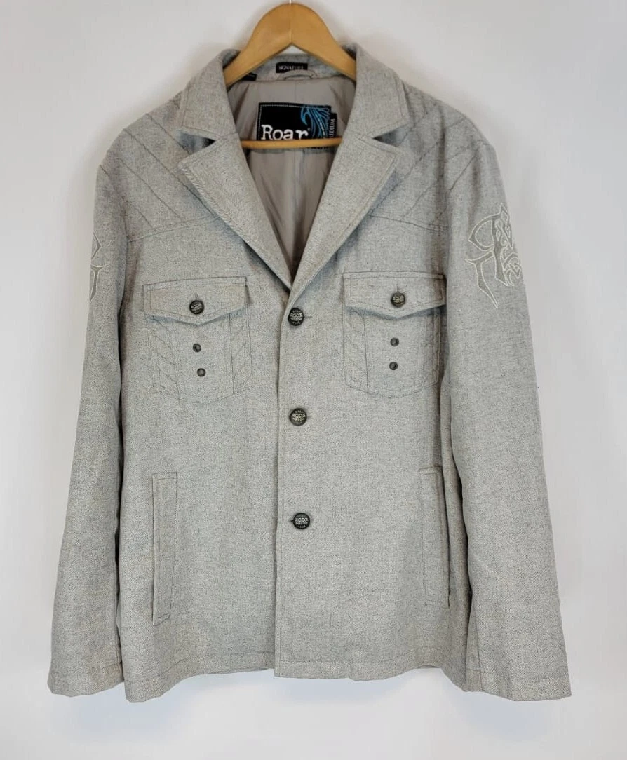 Roar Signature Coat Embroidered Siberian Blazer Wool Blend W/Pockets Mens M Gray