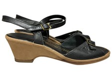 NOS Sz 6.5 B Black Sandals Shoes Cut Out Peep Toe Buckle Wedge Heel Boho Leather