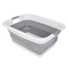 Camco Collapsible Laundry Basket, Plastic Bin, Handles for Storage, Large, White
