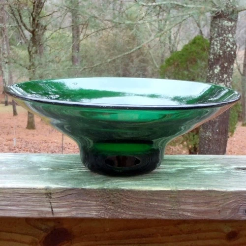 MCM Blenko/Bischoff Heavy Emerald Green Mouth Blown Art Glass 10.5" BOWL Pontil