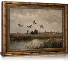 Vintage Gold Framed Flying Duck Canvas Wall Art Mallard Duck Painting Picture...