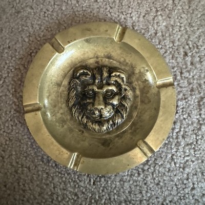 Vintage Man Cave Possible Brass Lion s Head Heavy Ashtray Dish 6.5  Round