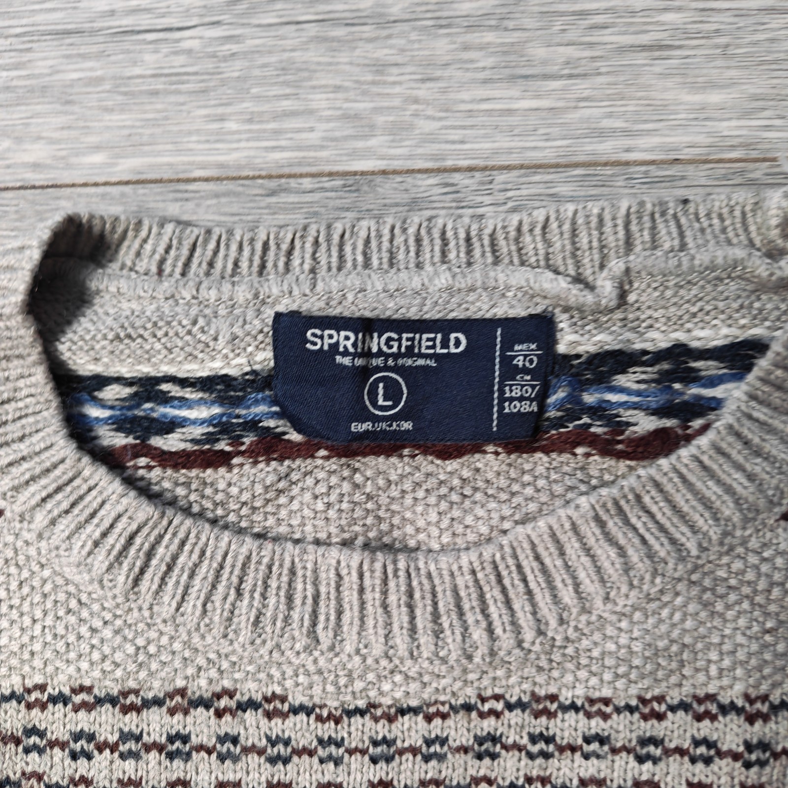 Springfield Crew Neck Jumper Men's Size Large Grey Fair Isle Great Condition image 6