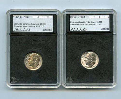1954-S & 1955-S  Uncirculated Silver Roosevelt Dime 10c in ACCGS Holder