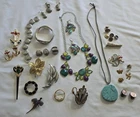 Vtg. Lot Of 33 Asso. Costume Jewelry Pieces Sets, Brooch's Earrings Ring Size 6