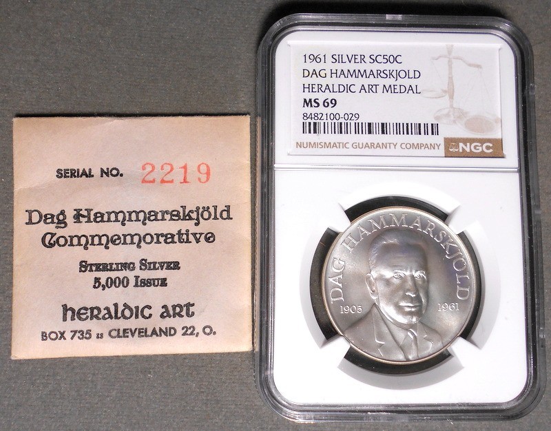D901 Heraldic Art NGC MS-69, Dag Hammarskjold, silver, 30mm, Commemorative. Auth
