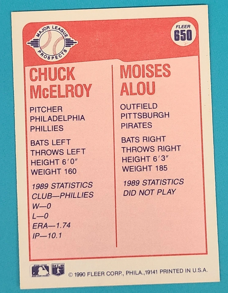 1990 Fleer #650 Chuck McElroy / Moises Alou RC Pirates Baseball Card B3 - Image 2 of 2