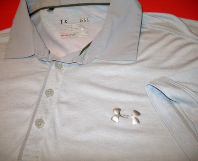 Under Armour Golf Polo Shirt L) U/A Logo Chest Heat Gear Light Gray Poly Spandex