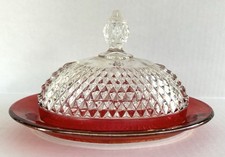 Indiana Glass Diamond Point Ruby Flash Butter Dish With Lid