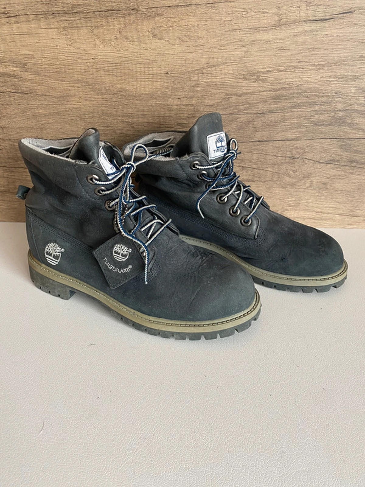 Vintage retro Timberland script roll top navy lace up boots shoes uk 5