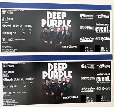 2x Deep Purple Tickets Berlin 04.11.26 Uber Arena, nebeneinander