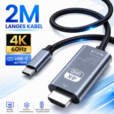 USB-C HDMI Kabel 2m 4K 60Hz Kabel für Handy Laptop Tablet TV Monitor