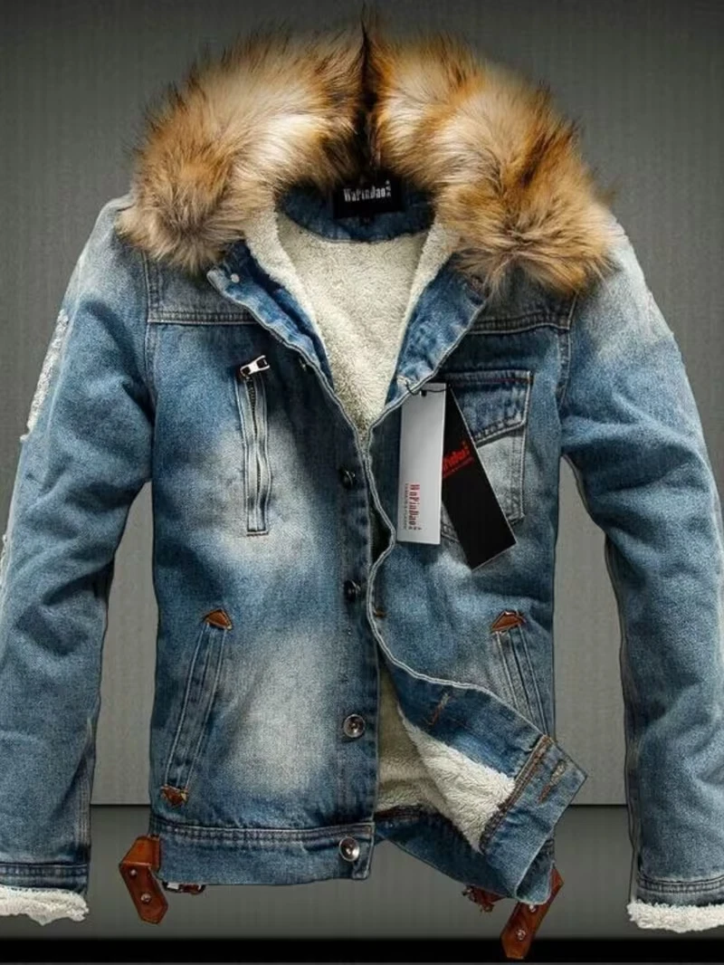 Men's Winter Vintage Jacket denim Jacket Lapel Zipper Warm Coat BIG 6XL