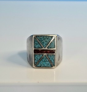 Old Pawn Sterling Silver SIZE 9 Vintage Turquoise Coral Inlay Tribal Ring 
