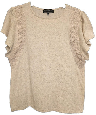 Women's Size S Cream Crepe Blouse with Ruffle Short Sleeve Fred David EUC