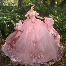 Off Shoulder 3D Floral Prom Dresses Beads Sweet 16 Quinceanera Bow Ball Gowns
