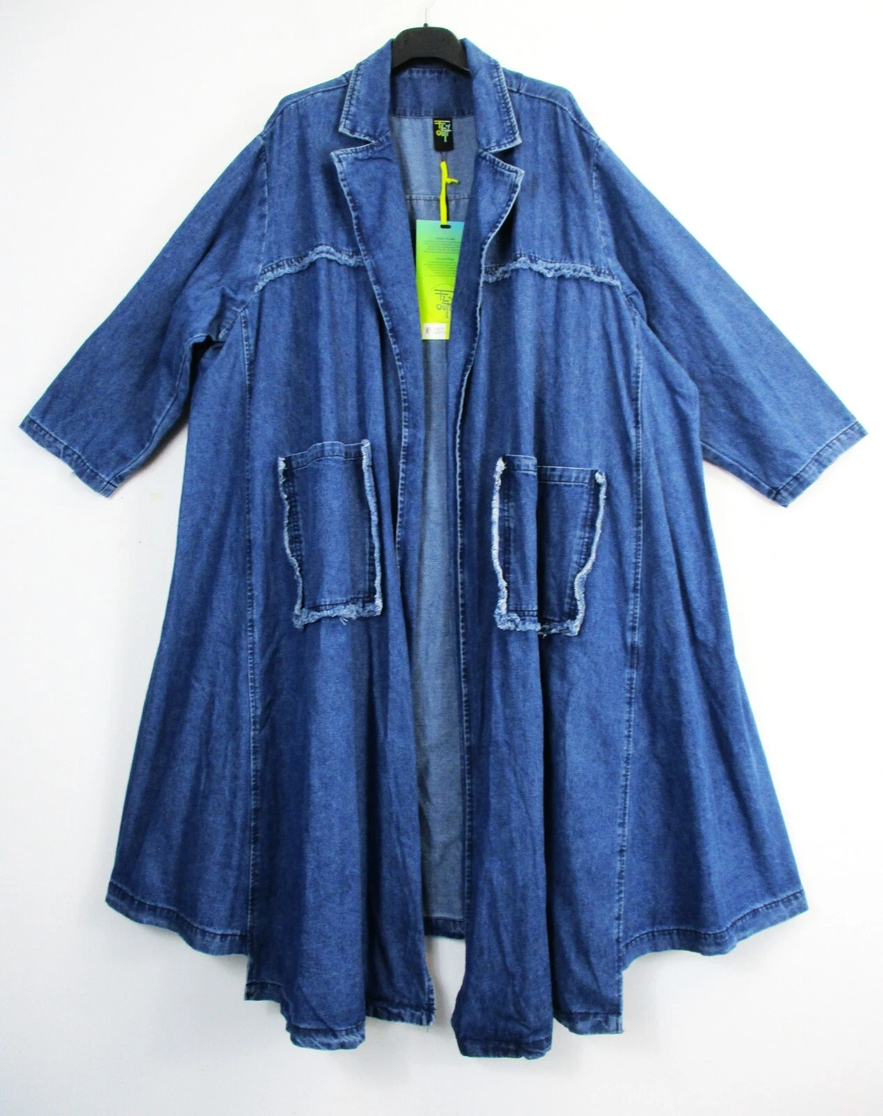 Lagenlook 86% Cotton Denim Open Front Long Duster Jacket/Coat oversiz:Plus 20-26