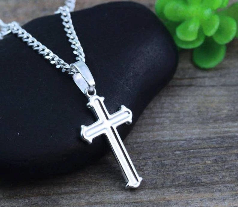 Engraved silver deals cross necklace