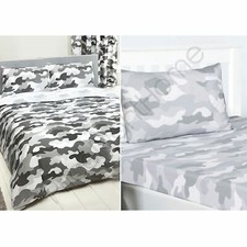 ARMY CAMOUFLAGE GREY DOUBLE DUVET COVER SET  FITTED SHEET  4 PILLOWCASES