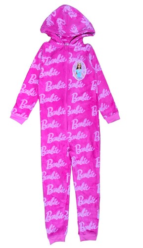 Mädchen Barbie 1Strampler One Piece Fleece Pyjama rosa Kapuze 5-14 Jahre Loungewear - Bild 1 von 5