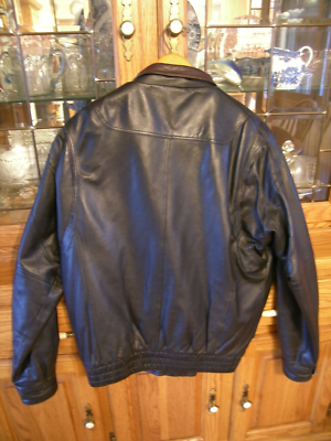 Expressions Worldwide Leather, Black Bomber Jacket with Brown trim 