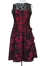 Rickie Freeman Teri Jon Dress Sz 8 Women Black Lace Dark Pink Satin Tea Length