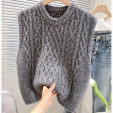 Women Chunky Knitted Vest Jumper Pullover Sleeveless Sweater Tops Knitwear