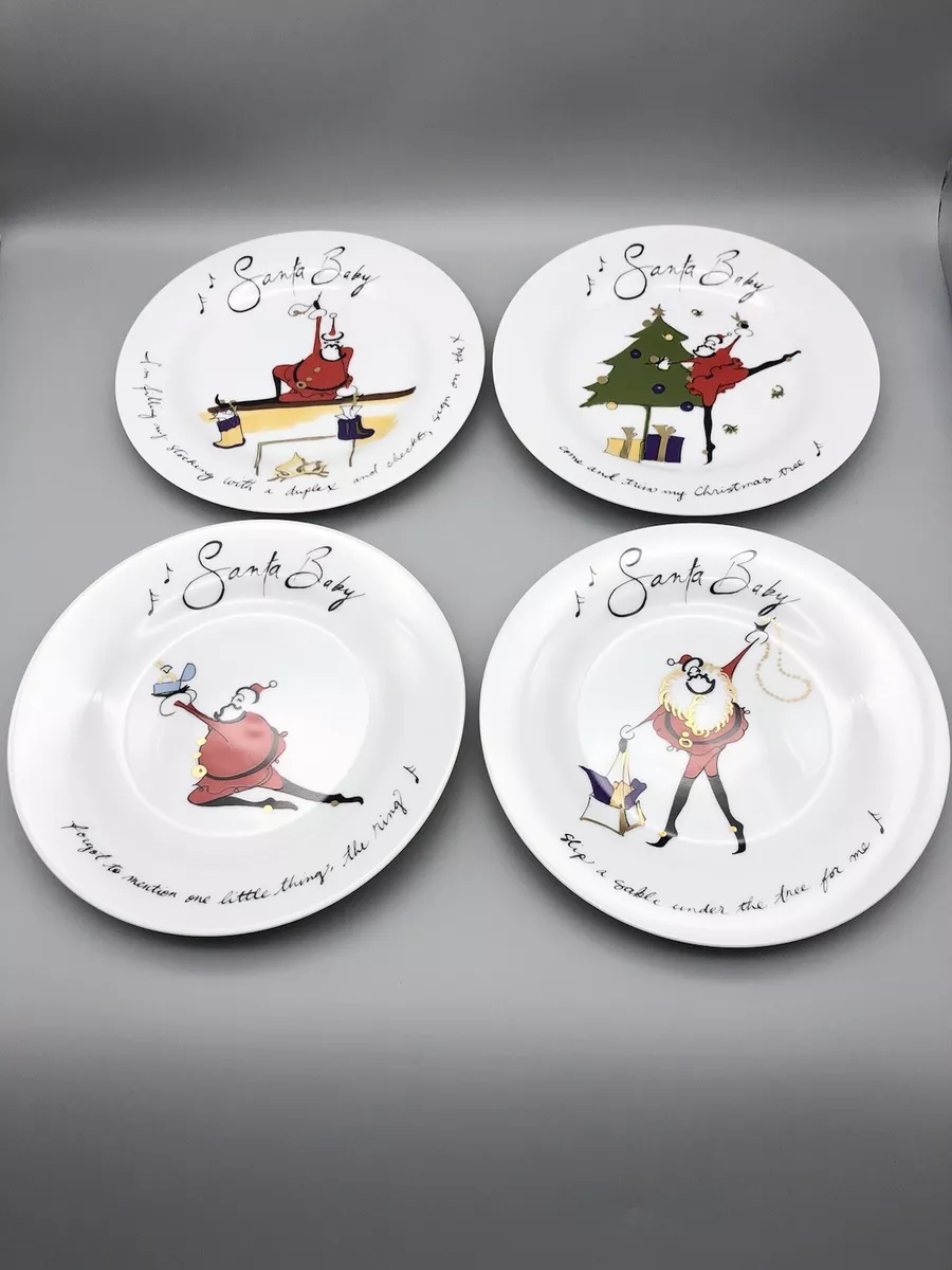 Pottery Barn Santa Baby Dessert Plates Christmas Set of 8 EUC Whimsical Lyrics