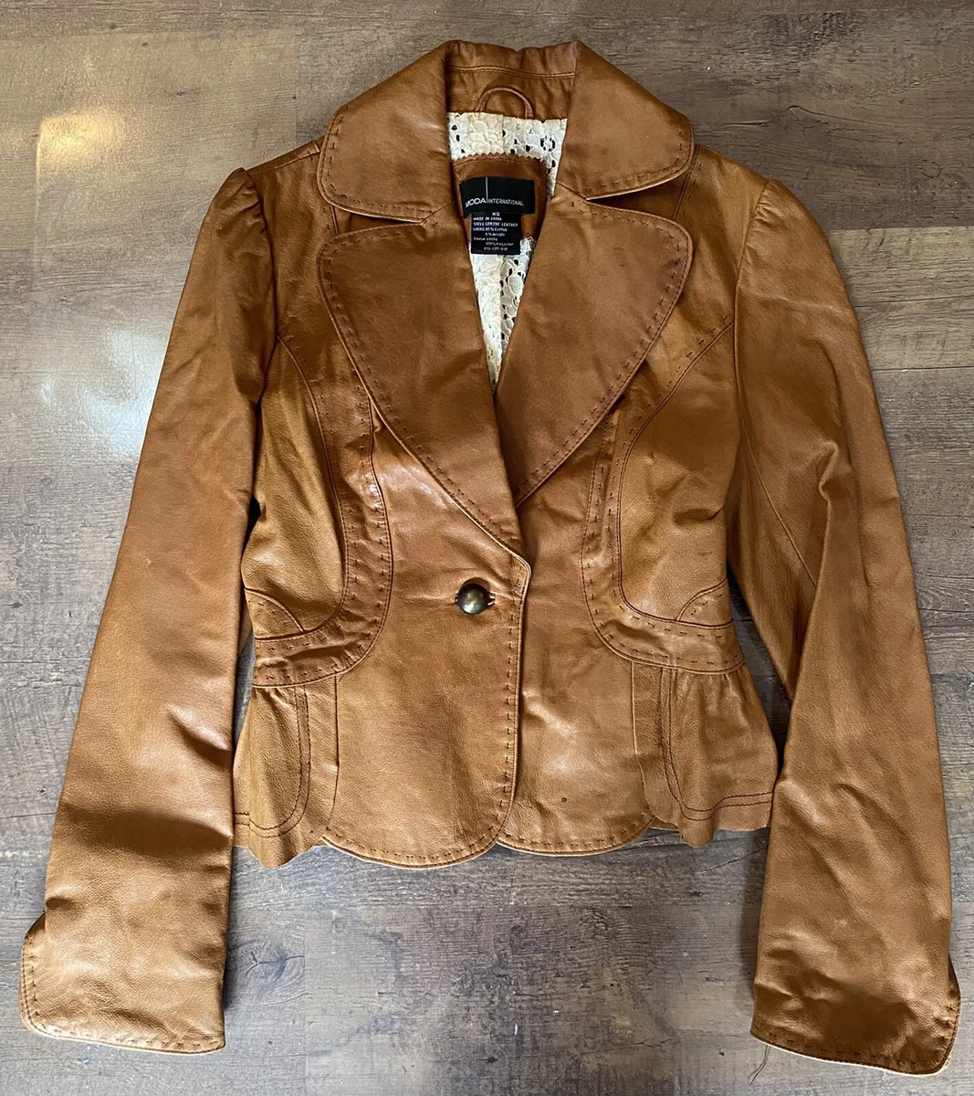Moda Internation Women s Leather Jacket Size XS Brown Ruffle