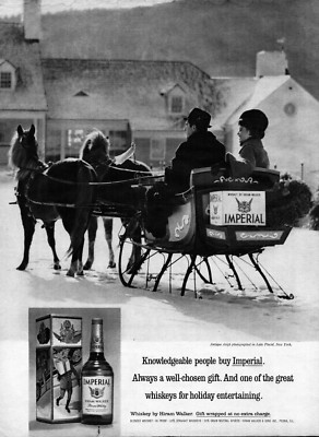 1965 Hiram Walker Imperial Whiskey Vintage Print Horse Drawn Sled Snow