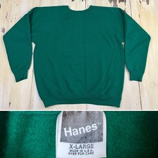 HANES - Vtg 80s-90s Green Raglan Blank Plain Sweatshirt, Mens LARGE - MUST SEE 