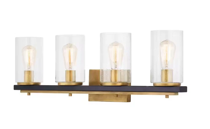 Luz de tocador de latón vintage Boswell Quarter 4 luces con acento de madera envejecida negra Foto 3 de 4