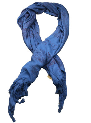 Tribe Azure Womens Blue Scarf Petroglyphs Handcrafted Fringe Hem 39 x 77 NWT