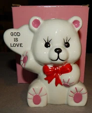 Vintage Ceramic Teddy Bear Bank, God is Love (4  1/4" tall) new