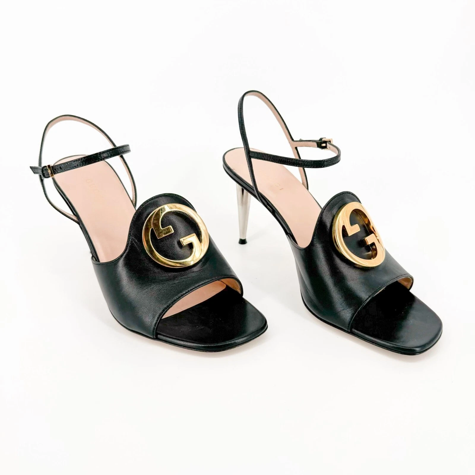 Sandales Gucci Blondie GG EU 39 US 9 cuir noir talon haut emboîté bout ouvert