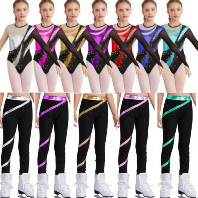 DE Mädchen Gymnastikanzug Langarm Turnanzug Ballettanzug mit Leggings Sport Hose