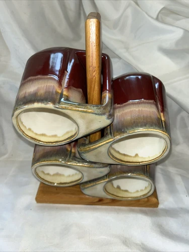 Rodolfo Padilla Signed Stoneware Drip Glaze Coffee Mugs Cups W/ Stand Cranberry 