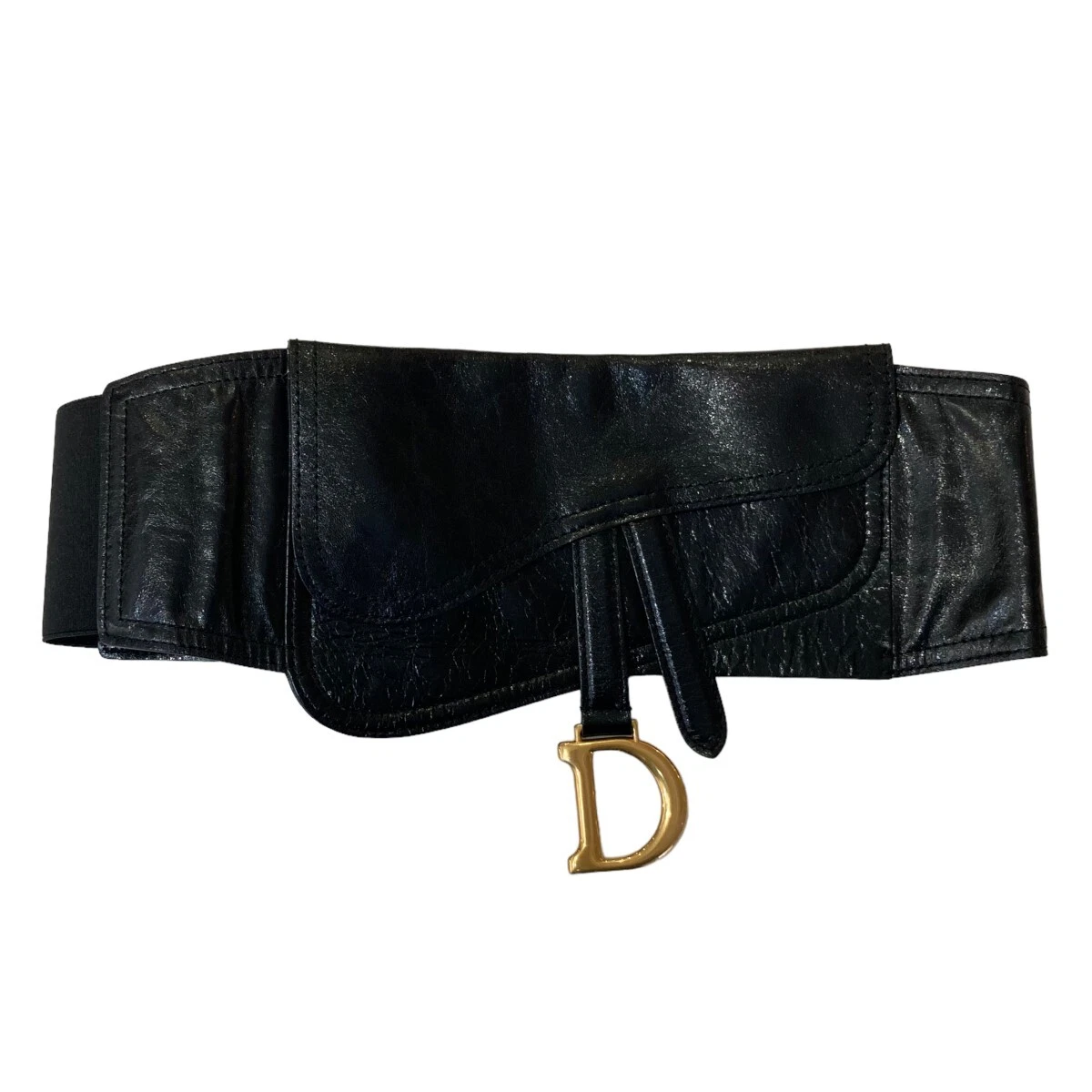 Christian Dior saddle Belt Black Leather Gold Hardware Waist Pouch  w/storagebag