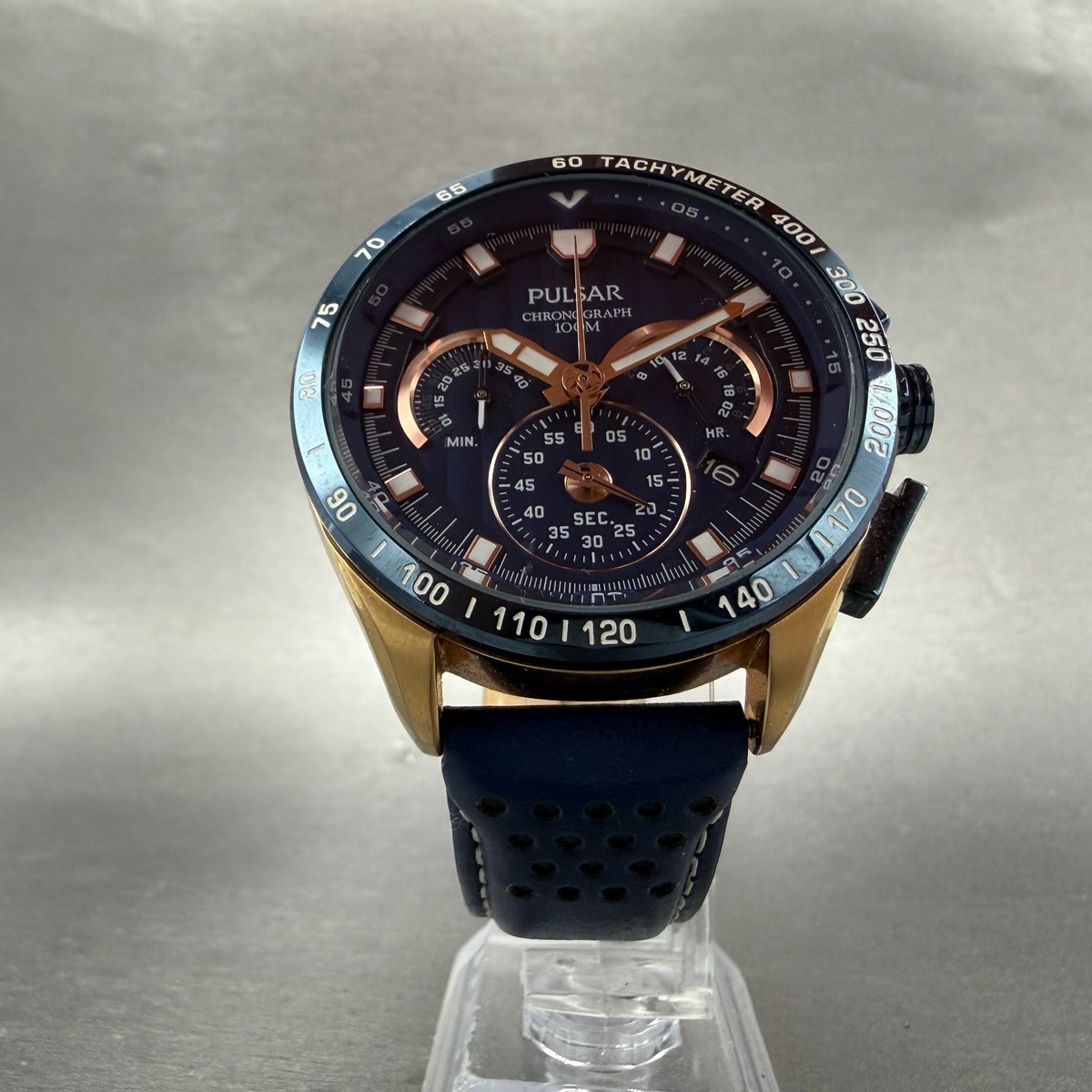 Pulsar Chronograph Watch Men 44mm Blue Dial Rose Gold Tone Date