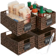 Set of 4 9x12in Water Hyacinth Pantry Baskets, Woven Organizers w/Chalkboard ...
