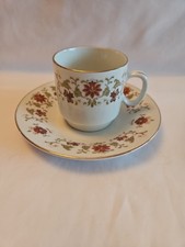 Vtg Miniature Porcelain Demitasse 1 Cup And 2 Saucers Red Flowers Gold Rim Set