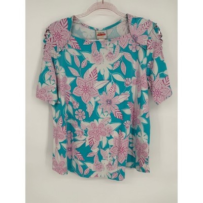 Ruby Rd. Favorites Floral Print Short Sleeve Top Cutout Cold Shoulder Large