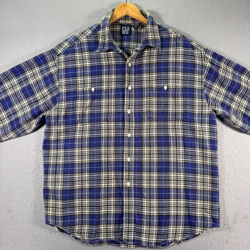Vintage Gap Flannel Shirt Mens XL Blue Plaid Heavyweight Comfort Classic 90s - Picture 3 of 10