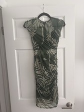 GUESS Women’s XS Olive Green Tropical Palm Print Ruched Mesh Bodycon Midi Dress