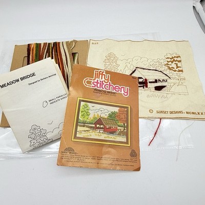 Vtg Jiffy Stitchery Crewel Embroidery Kit 823 Meadow Covered Bridge Farm Fall 